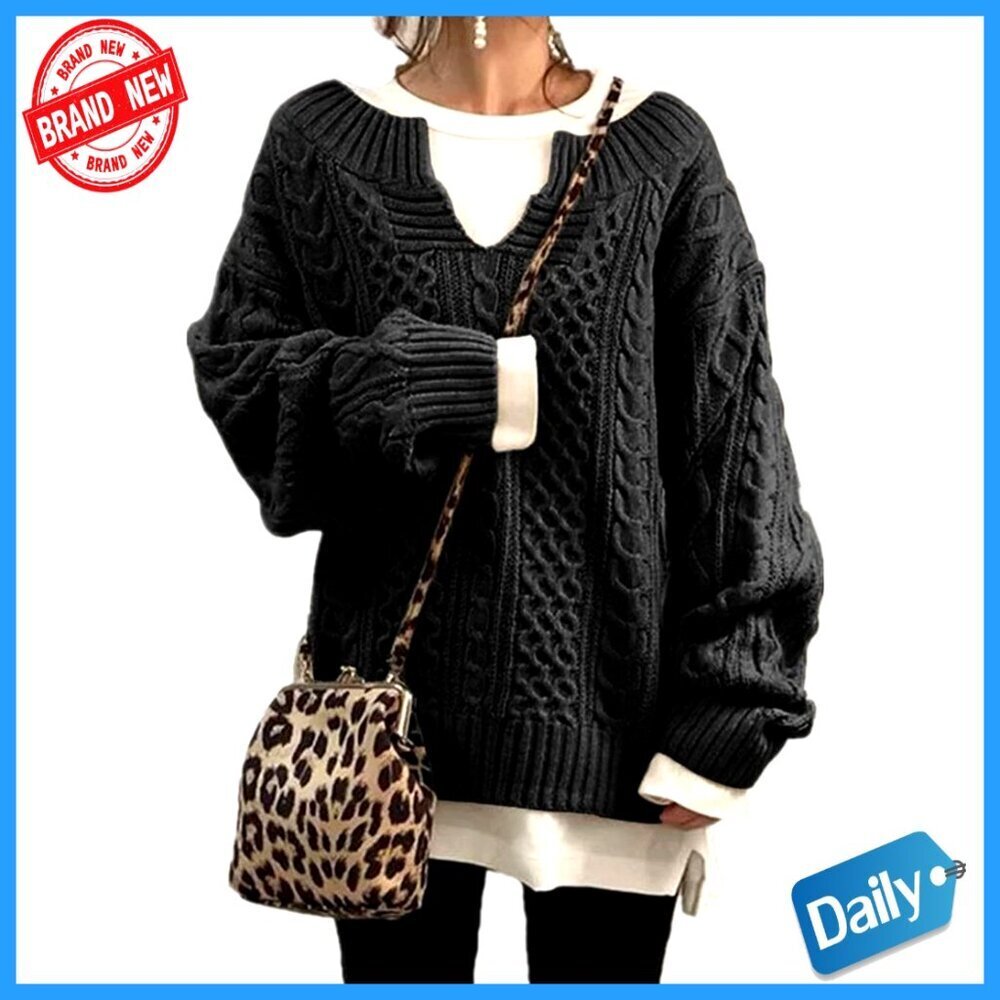 Chunky Cable Knit V-Neck Pullover Sweater Oversized Winter Warm